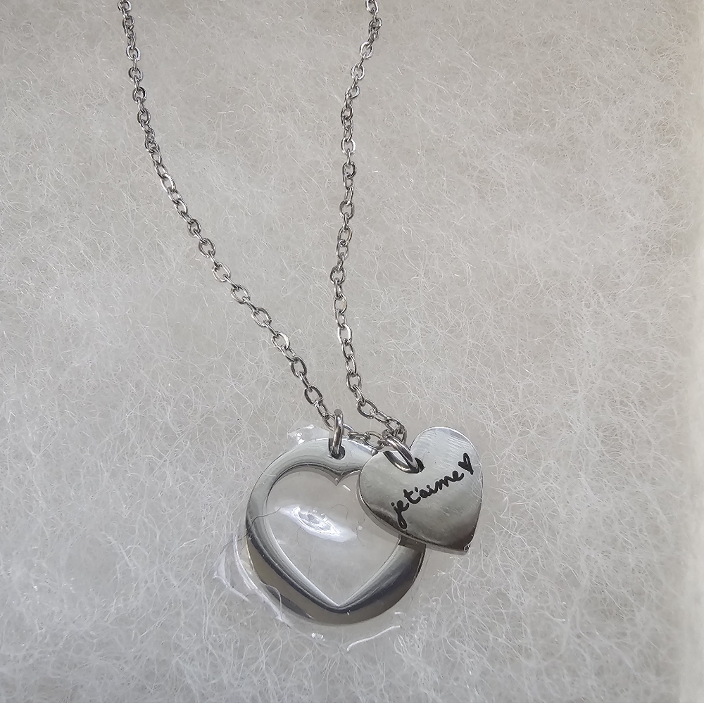 Je t'aime Engraved Stainless Steel Double Heart Pendant Necklace